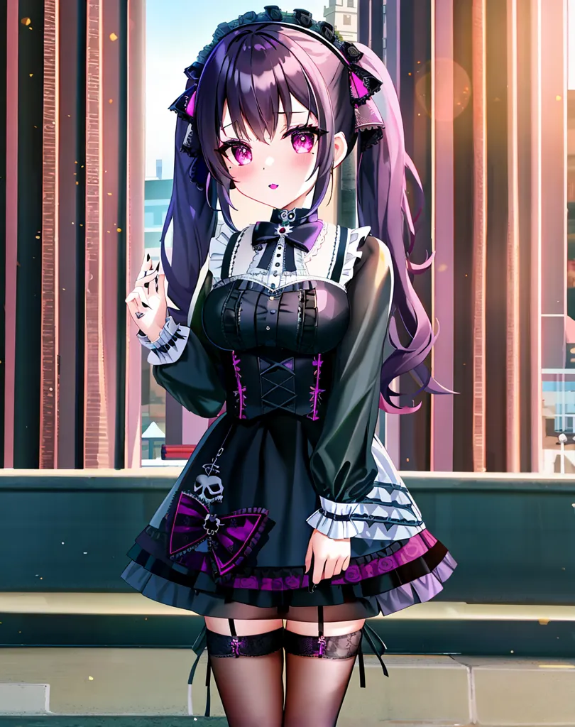 La imagen es de una chica de anime con el cabello largo y morado y ojos rosados. Lleva un vestido gótico negro y morado con un cuello blanco y un lazo morado. También lleva medias negras y zapatos morados. Está de pie en una ciudad con un edificio de fondo.