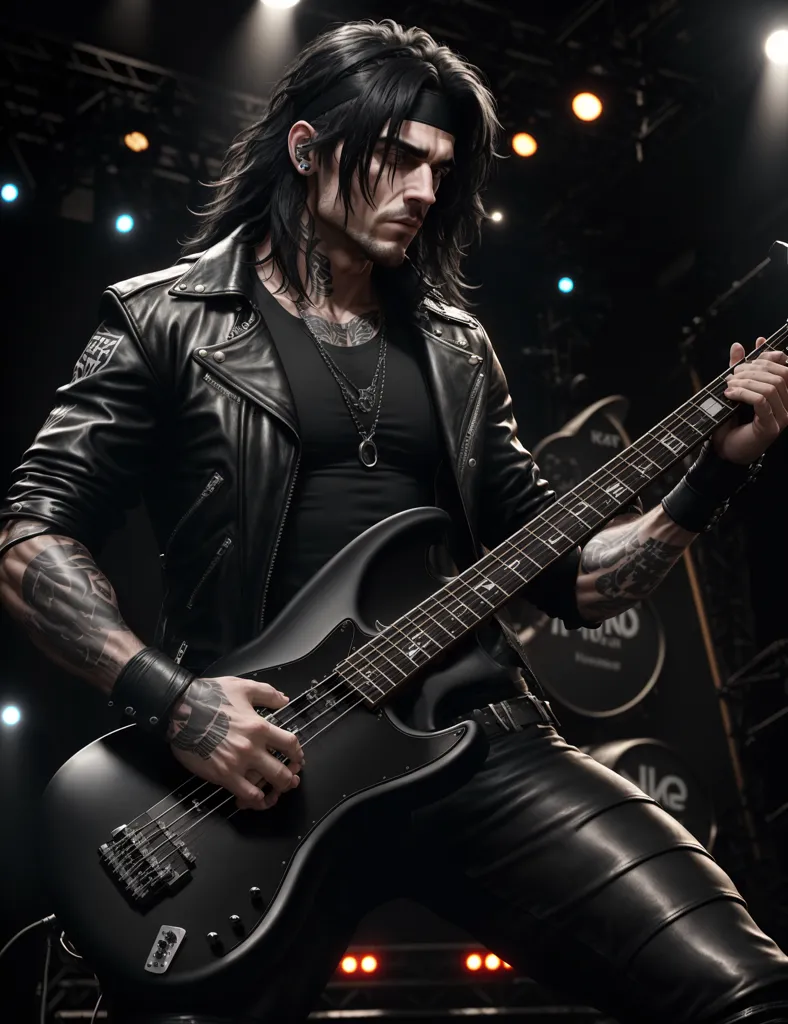 The image shows a man playing a bass guitar on a stage. He is wearing a black leather jacket and pants, and a black T-shirt. He has long black hair and a beard, and is wearing a headband. He is also wearing several necklaces and bracelets. He is standing in front of a large drum set and there are several spotlights on him. The background is dark.