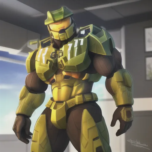 The image is a muscular man in a green and yellow suit of armor. The armor has a helmet with a visor, and the man's face is not visible. The man is standing in a room with a white background. The room is lit by a bright light, and the man's shadow is cast on the floor.