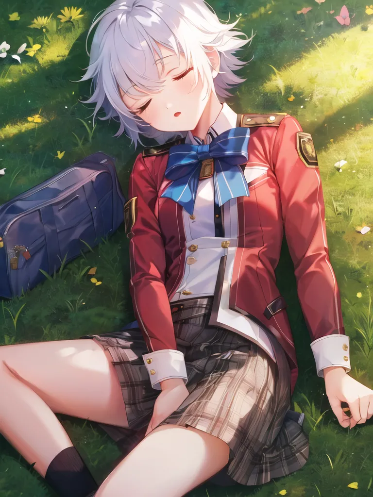 The image shows a young woman with white hair and blue eyes, wearing a red blazer and a plaid skirt, lying on the grass. She has a black bag next to her and there are yellow flowers and green grass around her. The girl's eyes are closed, and she has a peaceful expression on her face.