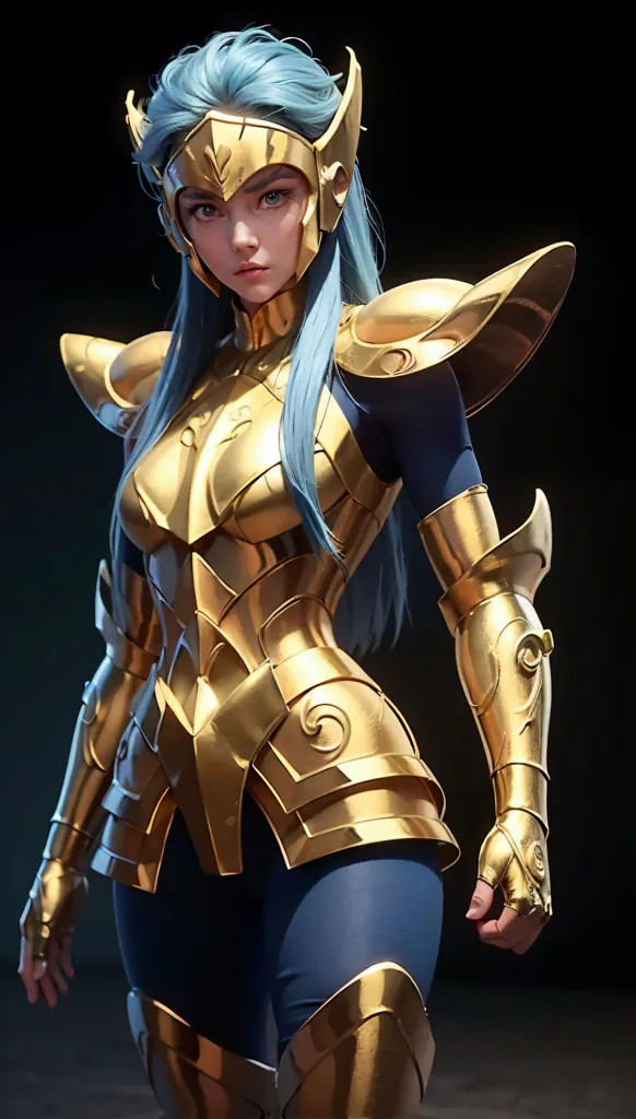 The image shows a young woman with long blue hair wearing a golden armor. She is standing with her left hand on her hip and her right hand extended forward. She has a serious expression on her face. The background is dark.