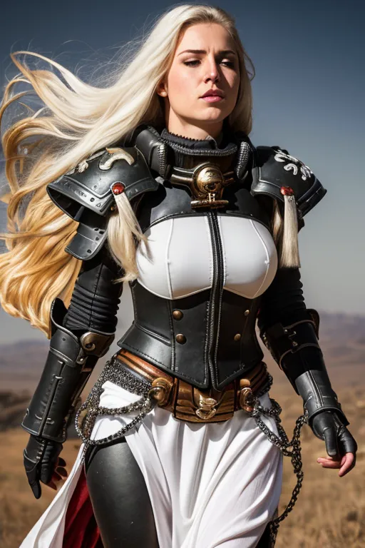 The image shows a woman dressed in a white and black armor. She has long blonde hair that is blowing in the wind. She is also wearing a white skirt and black boots. She is carrying a sword in her right hand. She is standing in a desert landscape.
