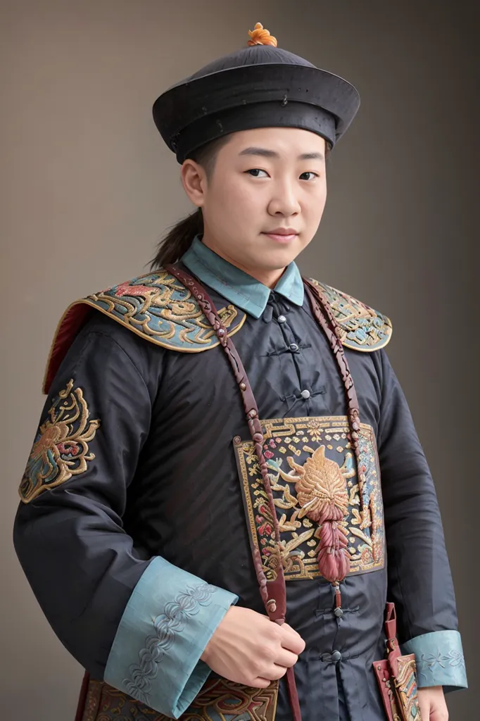 The image shows a young man in a traditional Chinese outfit. He is wearing a black hat with a round top and a red button on the front. The hat has a wide brim that is turned up at the sides. He is also wearing a black jacket with a blue collar. The jacket is decorated with intricate embroidery in gold and silver thread. The man is also wearing a pair of black pants and black boots. He has a long braid of hair that is tied at the end with a red ribbon. He is also wearing a jade necklace and a jade bracelet. The man is standing in front of a brown background. He has a serious expression on his face.
