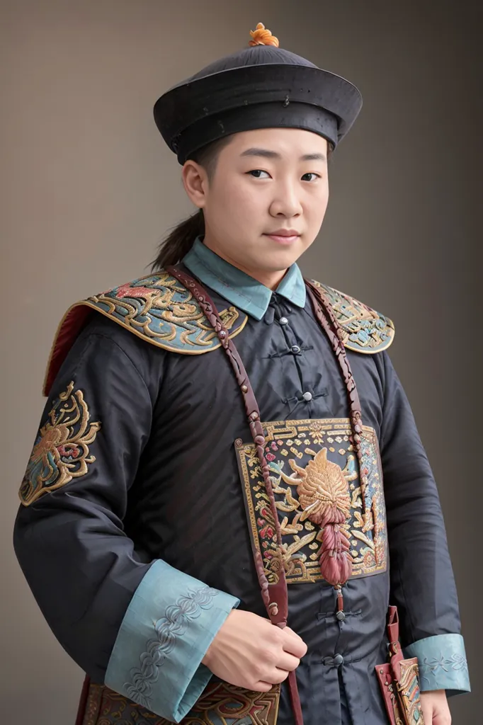 La imagen muestra a un hombre joven con un atuendo tradicional chino. Lleva un sombrero negro con una parte superior redonda y un botón rojo en la parte delantera. El sombrero tiene un ala ancha que se dobla hacia arriba en los lados. También lleva una chaqueta negra con un cuello azul. La chaqueta está decorada con bordados intrincados en hilo de oro y plata. El hombre también lleva un par de pantalones negros y botas negras. Tiene una trenza larga de cabello atada al final con una cinta roja. También lleva un collar de jade y una pulsera de jade. El hombre está de pie frente a un fondo marrón. Tiene una expresión seria en su rostro.