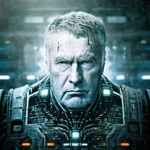 The image shows a man with grey hair and a wrinkled face. He is wearing a black and grey suit of armor. The armor has a glowing blue light on the chest. The man's face is stern and he looks like he is in deep thought. The background of the image is a dark, blue, metallic wall with bright lights on either side.