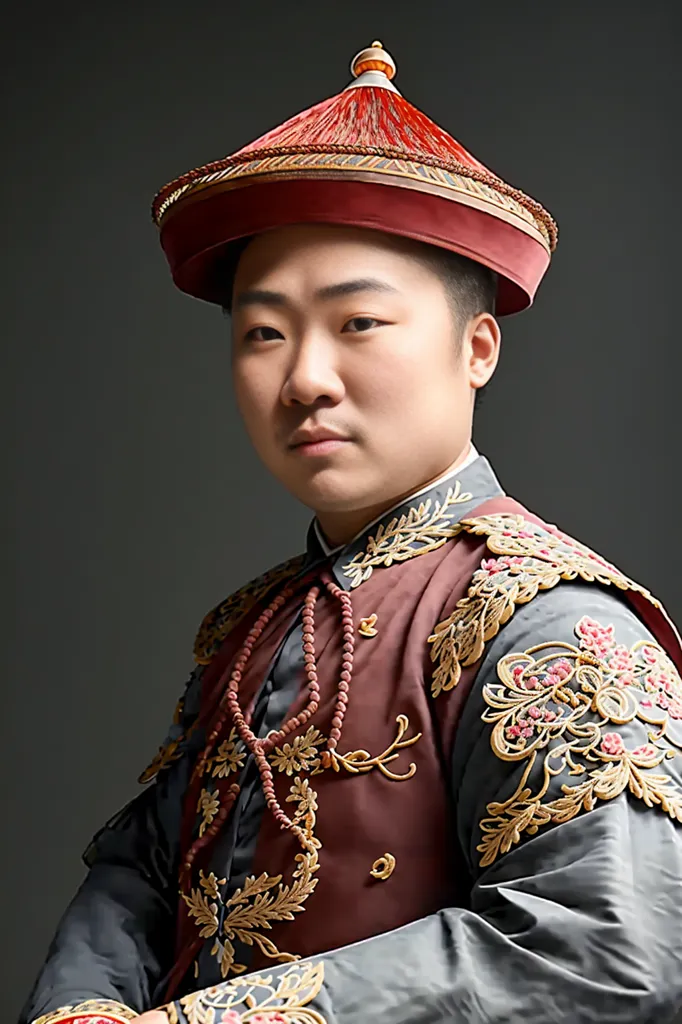 The image shows a young man in traditional Chinese clothing. He is wearing a red and gold hat with a black brim, and a dark grey robe with intricate gold and red embroidery. The robe has a stand-up collar and is fastened with a series of gold buttons. The man's hair is black and short, and he has a small mustache. He is looking at the camera with a serious expression.