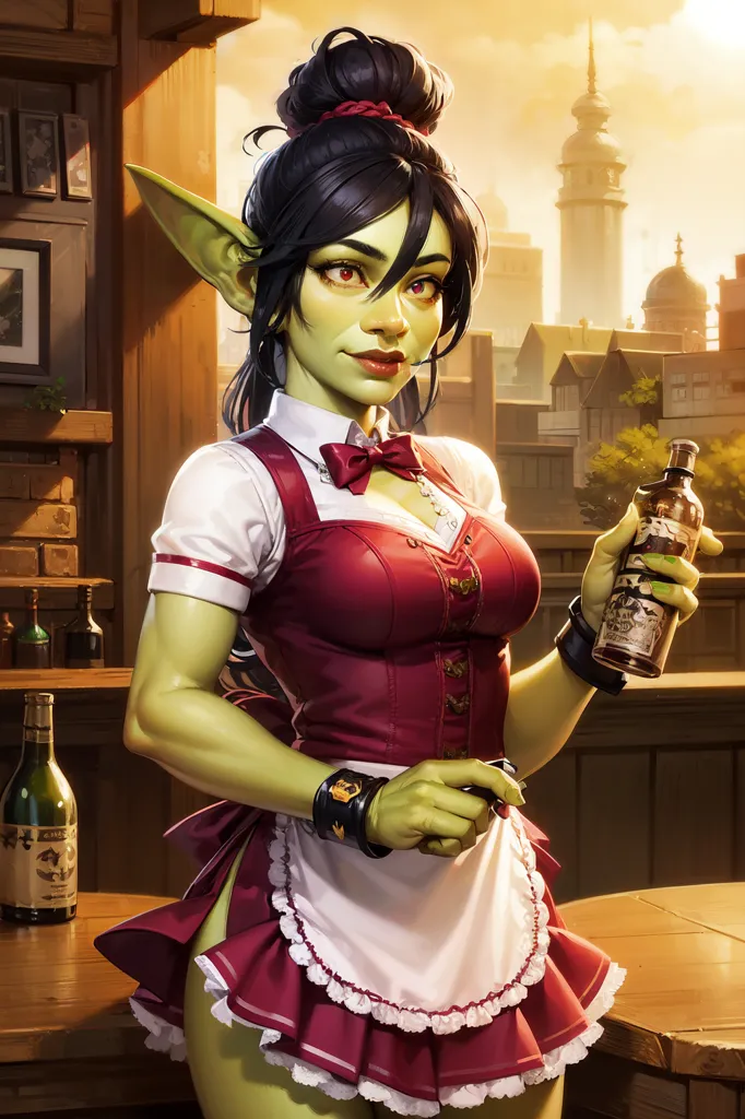 The image shows a green-skinned goblin woman with long black hair tied in a bun. She is wearing a red and white waitress outfit with a corset, a white apron, and a red bow tie. She is standing in a tavern, holding a bottle of wine in her right hand and a corkscrew in her left hand. There are shelves with bottles of wine behind her and a cityscape with tall buildings in the background.