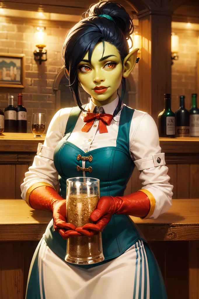 The image shows a green-skinned woman with long black hair and pointed ears. She is wearing a white shirt, a green vest, and a red bow tie. She is also wearing red gloves and there is a brown belt around her waist. She is standing in a tavern, and there are bottles of wine and glasses on the shelves behind her. She is holding a glass of beer in her hands. She has a friendly smile on her face.