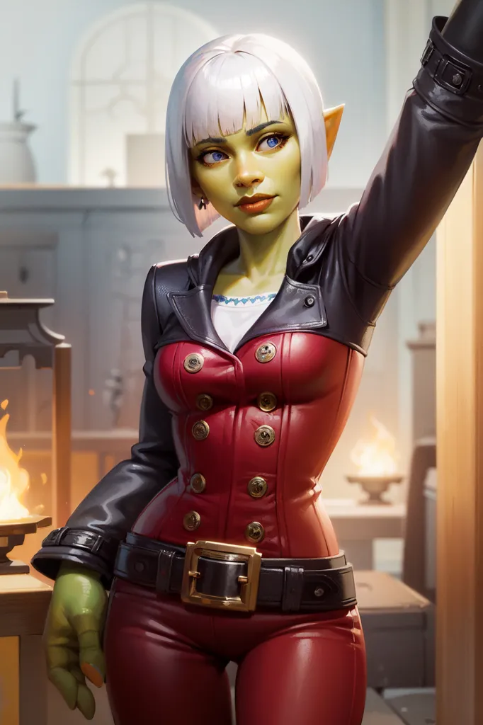 The picture shows a half-orc woman with short white hair and green skin. She is wearing a red leather jacket and pants. The jacket is open, showing a white blouse underneath. She is also wearing a brown belt with a gold buckle. She has a confident expression on her face and is looking at the viewer with her right hand on her hip. She is standing in a room with a fireplace behind her.