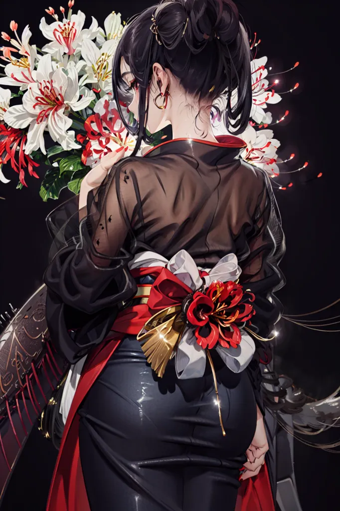 The picture shows a woman wearing a black kimono with red and white flowers. The kimono has a large red bow at the waist. The woman is holding a bouquet of white and red flowers. She has long black hair and red eyes. The background is black with a few white specks. The woman is standing in a dark room with a spotlight on her.