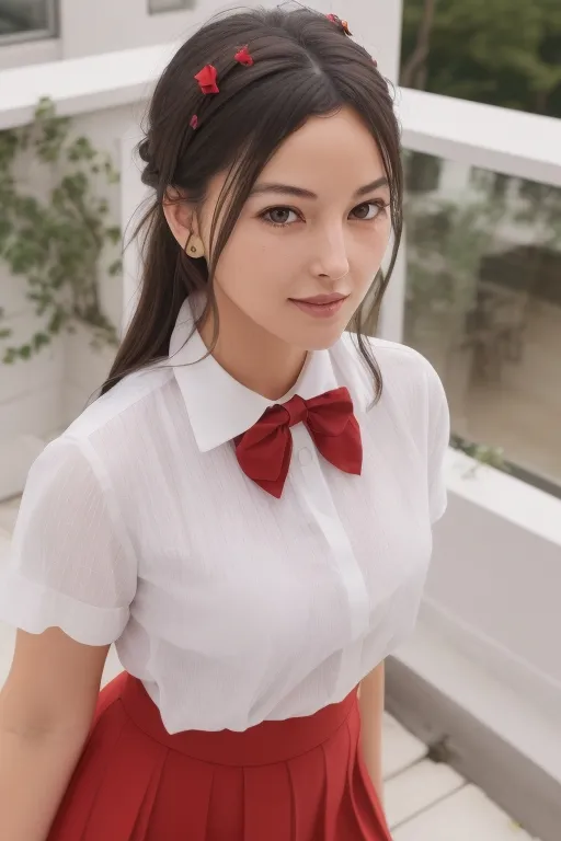The image shows a young woman with long dark hair. She is wearing a white blouse and a red bow tie. The blouse is short-sleeved and has a collar. The skirt is pleated and sits high on her waist. Her hair is styled with a half-up, half-down hairstyle and she is wearing a headband with red flowers. She is standing on a balcony and there are trees and buildings in the background.