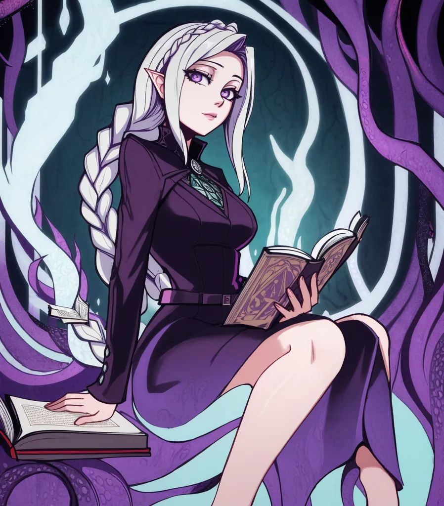 The image is of a beautiful elf woman with long silver hair and purple eyes. She is wearing a purple dress with a white collar and a black belt. She is sitting on a stack of books, reading one that is open in her lap. She is surrounded by tentacles that are made of the same material as the books. The background is a dark blue color with a white circle in the middle.