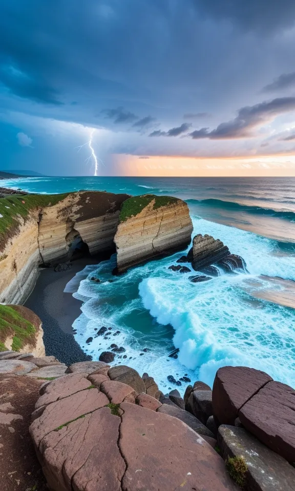 The image is of a rugged coastline with a stormy sea. The sky is dark and there is a lightning bolt in the distance. The waves are crashing against the rocks and there is a small beach with a cave in it. The rocks are covered in moss and there is a green field at the top of the cliff.