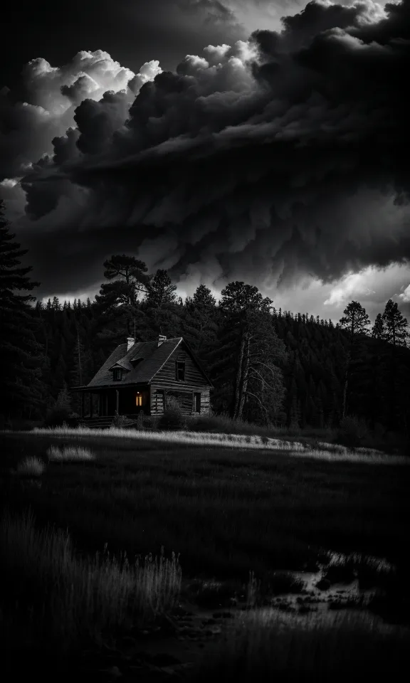 A black and white image of a cabin in the woods. The cabin is surrounded by tall trees. There is a storm in the background. The cabin has a light coming from the window.