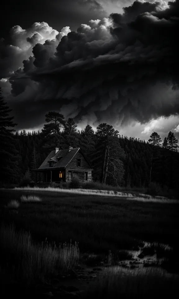 Una imagen en blanco y negro de una cabaña en el bosque. La cabaña está rodeada de árboles altos. Hay una tormenta en el fondo. La cabaña tiene una luz que sale de la ventana.