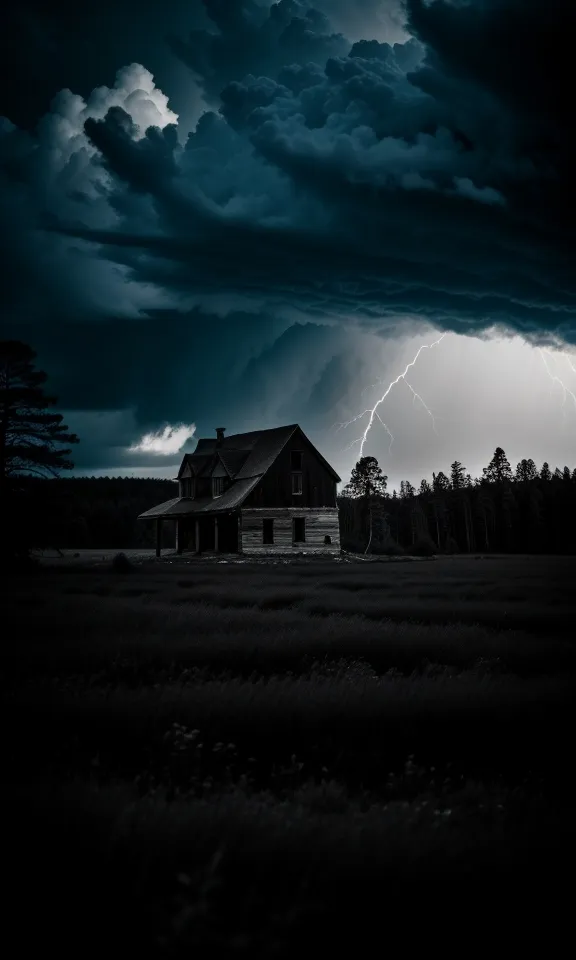 Uma noite escura e tempestuosa. Uma casa fica sozinha em um campo, cercada por grama alta. O céu está preto e as nuvens são espessas. Um raio atinge o chão perto da casa. A casa é velha e desgastada, com janelas quebradas e um telhado afundado. As árvores ao redor da casa estão nuas e a grama está morta. A cena é de isolamento e desespero.