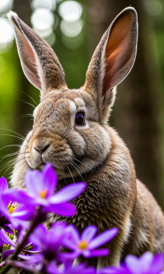 The image shows a brown rabbit with long ears sitting in a field of purple flowers. The rabbit's fur is soft and fluffy, and its eyes are dark and round. The flowers are delicate and have a sweet fragrance. The background is a blur of green leaves and branches. The rabbit is looking at the camera with a curious expression.