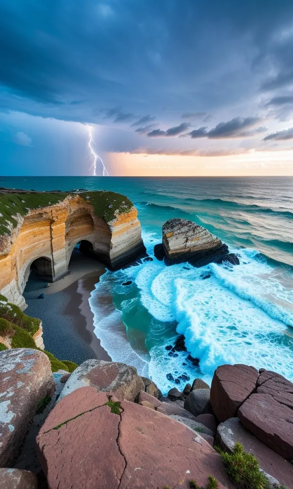 The image is of a rugged coastline with a stormy sea. The waves are crashing against the rocks and there is a large cave in the foreground. The sky is dark and there is a lightning bolt in the distance. The image is taken from a high angle and there are some rocks in the foreground.