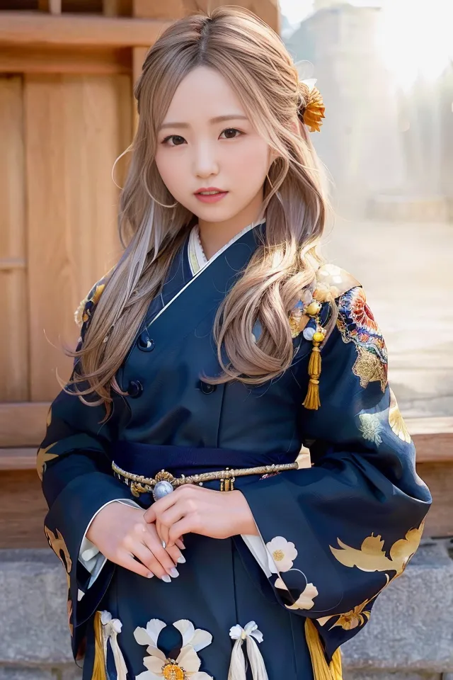 The picture shows a young woman wearing a traditional Korean hanbok. The hanbok is blue with gold and white floral embroidery. The woman has long blonde hair and is wearing a yellow flower hairpiece. She is also wearing traditional Korean makeup. The background is blurred and looks like a traditional Korean house.
