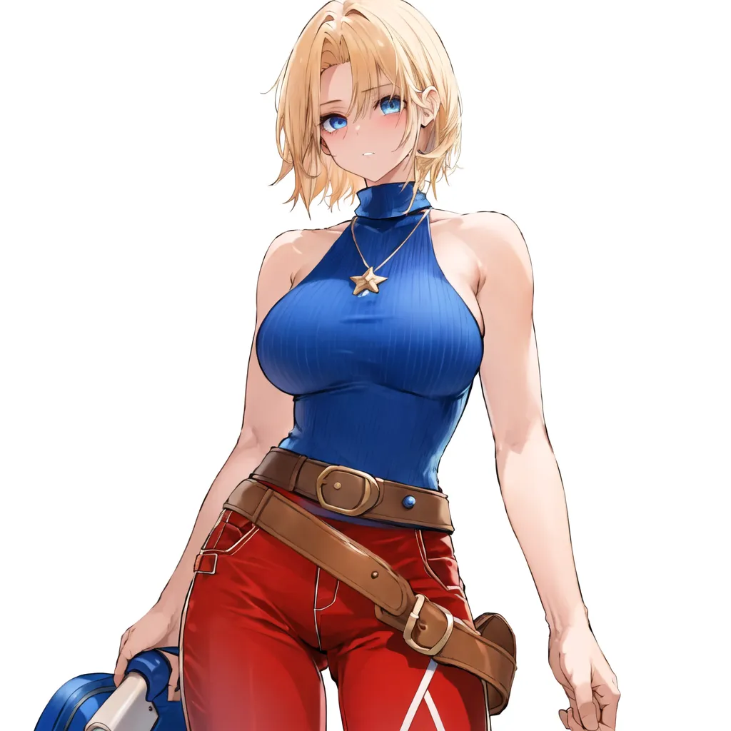 The image shows a woman with blonde hair and blue eyes. She is wearing a blue halter top, red pants, and a brown belt with a silver buckle. She is also wearing a necklace with a star-shaped pendant. She has a confident expression on her face and is looking at the viewer with her right hand on her hip and the other holding some kind of tool.
