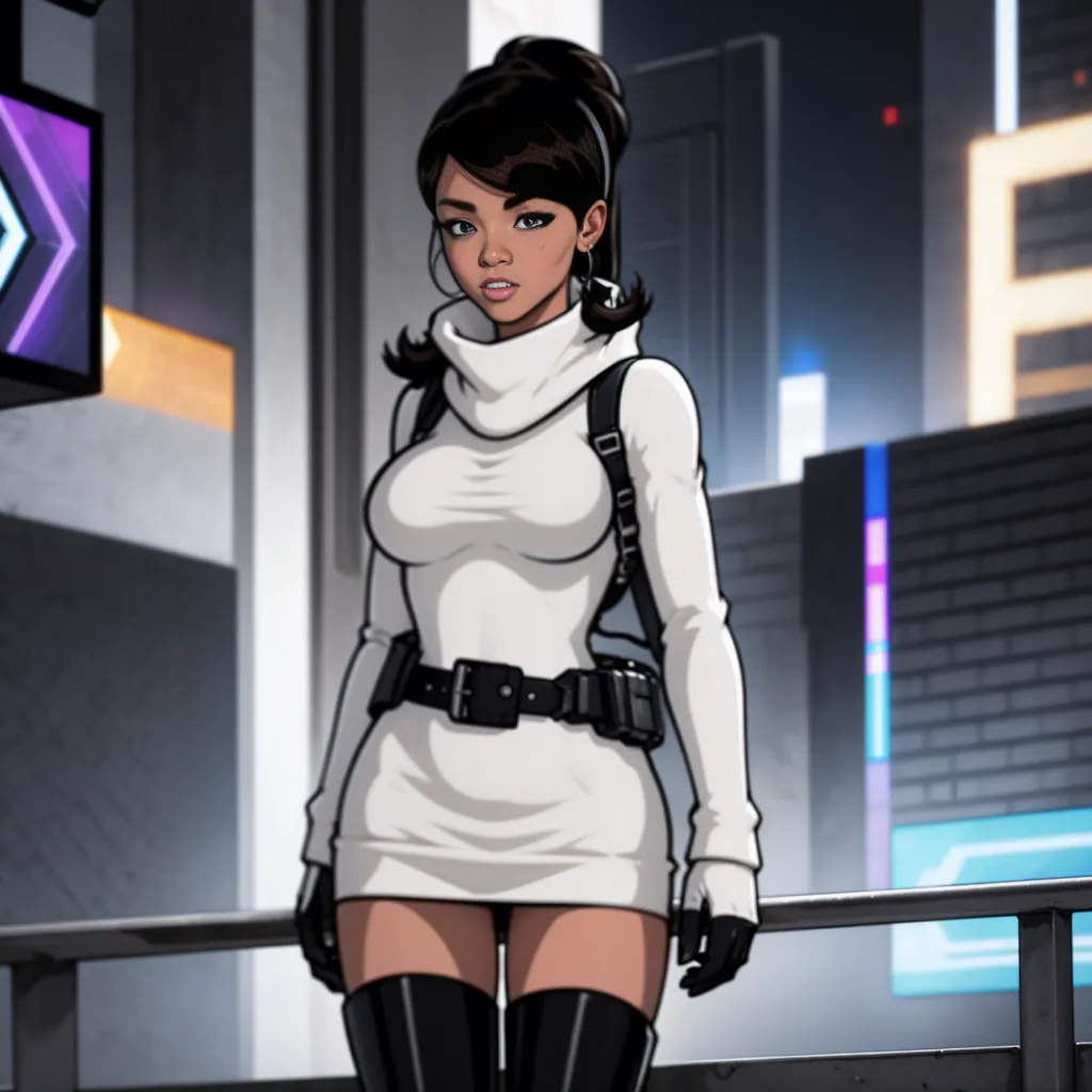 This is an image of a woman wearing a white turtleneck dress with a black belt and black boots. She is also wearing a black utility vest and has a gun holster on her right hip. She is standing in front of a city skyline at night.