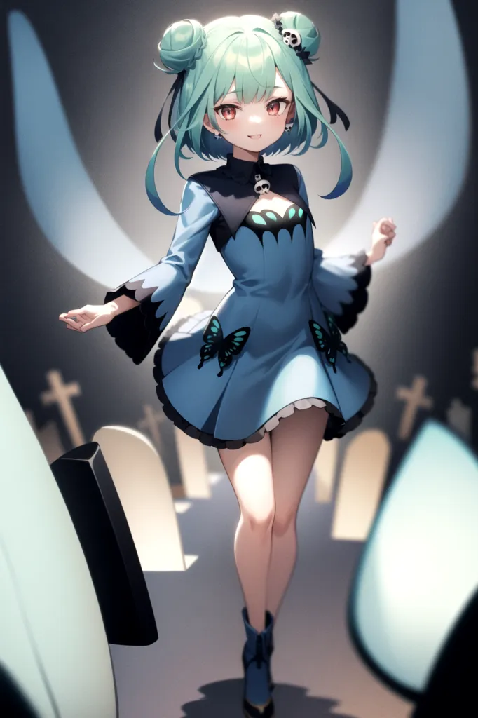 This is an image of a young woman with green hair and red eyes. She is wearing a blue dress with a white collar and black sleeves. The dress has a butterfly pattern on the skirt. She is also wearing black boots. She is standing in a dark room with tombstones in the background.