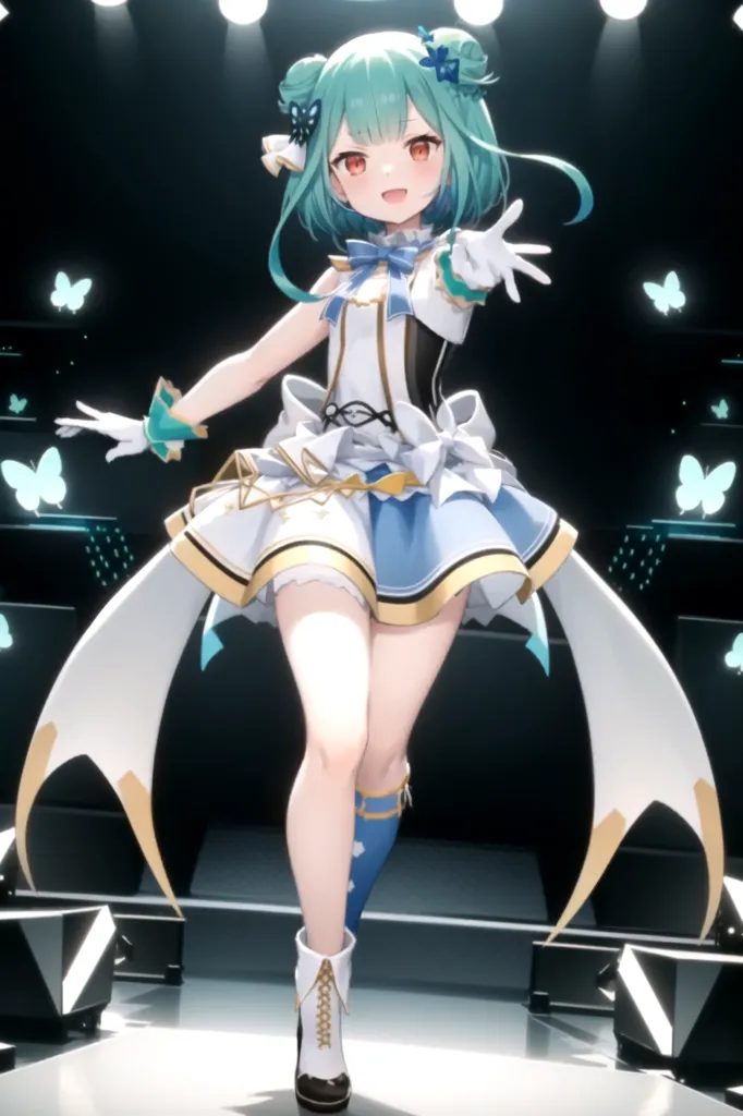The image shows a young woman with green hair and red eyes. She is wearing a white and blue dress with a long skirt and a corset-like top. She is also wearing white gloves and black boots. She is standing on a stage with a spotlight shining on her. There are also several butterflies surrounding her.