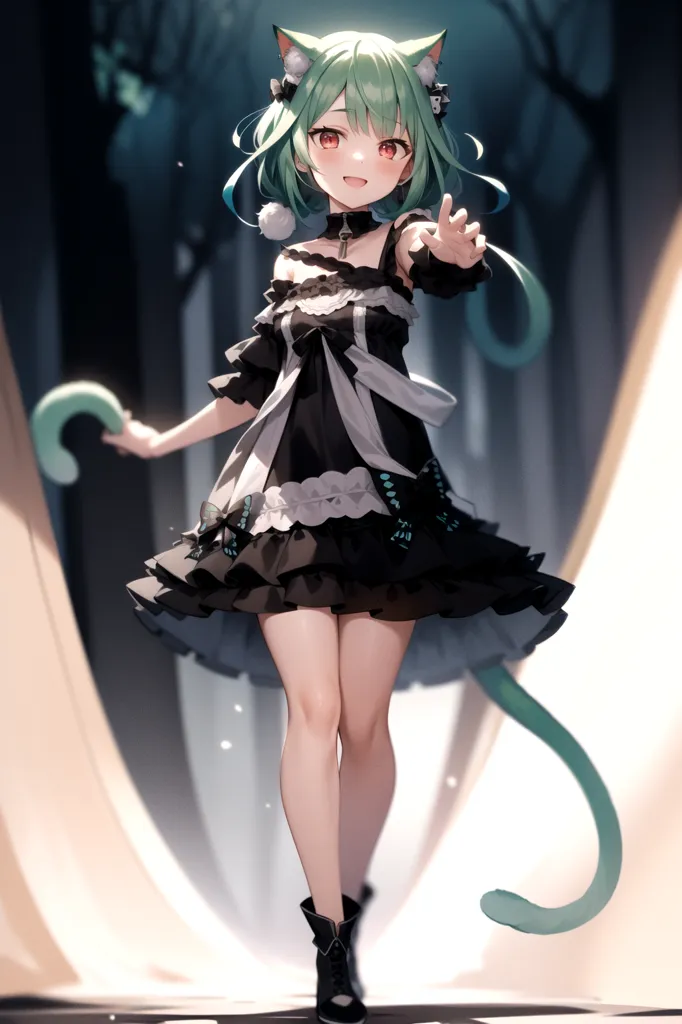 The image is of an anime-style girl with cat ears and a tail. She has green hair and red eyes, and is wearing a black and white dress with a butterfly pattern. She is standing in a dark forest, and is looking at the viewer with a smile on her face.