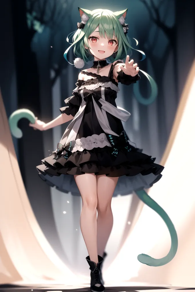 L'image représente une fille de style anime avec des oreilles de chat et une queue. Elle a les cheveux verts et les yeux rouges, et porte une robe noire et blanche avec un motif de papillon. Elle se tient dans une forêt sombre et regarde le spectateur avec un sourire sur le visage.