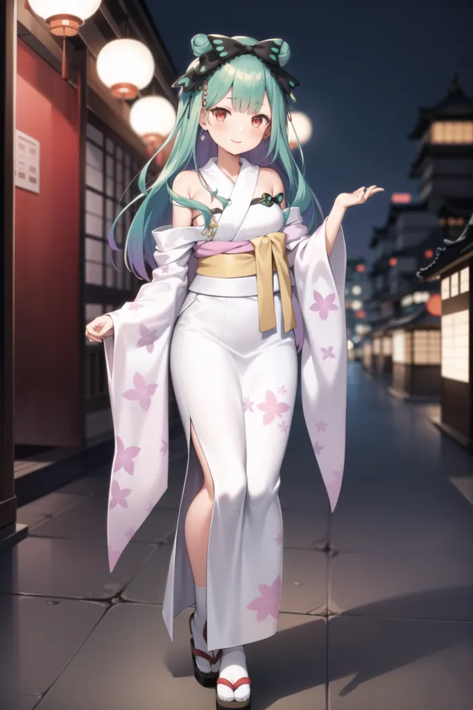The image shows a young woman, with a slight blush on her cheeks, wearing a white kimono with pink cherry blossoms and a yellow obi sash with a butterfly-shaped accessory on the right side of her waist. She has long green hair tied in a ponytail with green butterfly barrettes and green eyes. She is standing on a stone street with traditional Japanese buildings on either side and paper lanterns hanging above. She is smiling and has her right hand raised in the air.