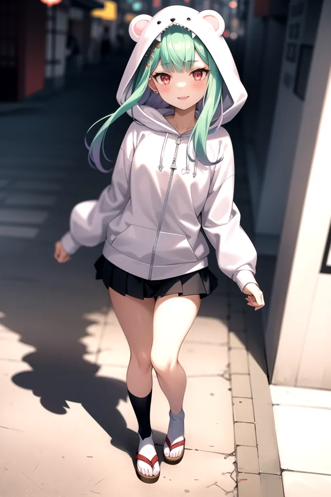 The image shows a young woman, with a slight smile on her face, wearing a white hoodie with bear ears, a gray skirt, and red geta sandals. She has green hair and red eyes and is walking on a city street with buildings on either side.