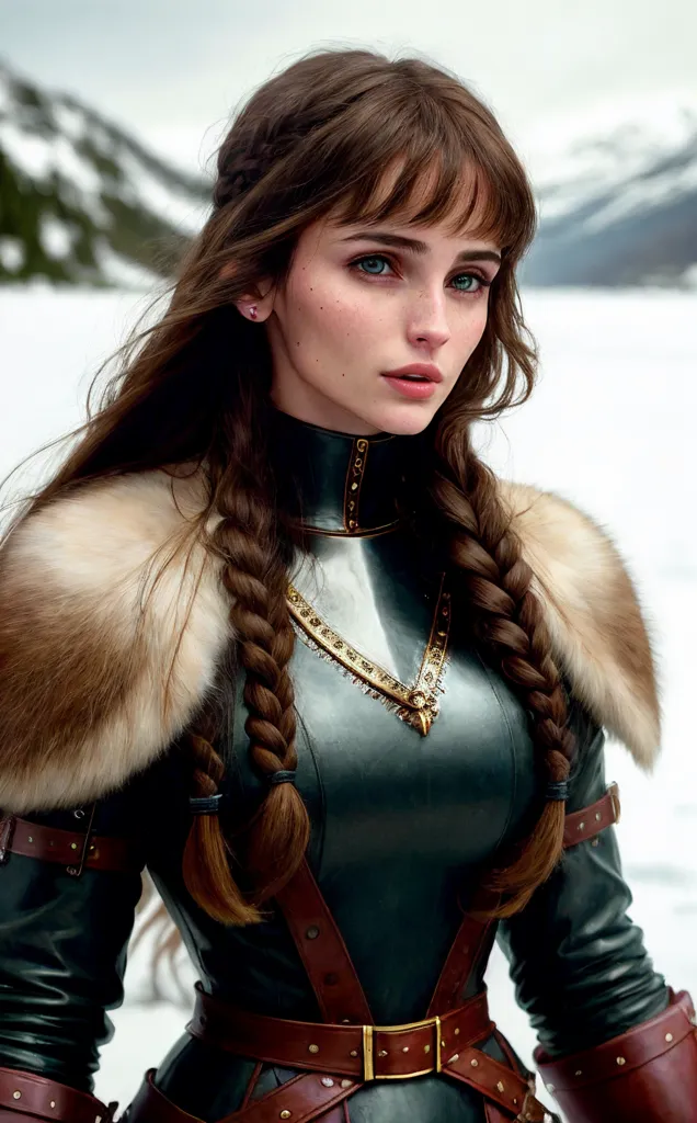 This image shows a young woman dressed in a fantasy-style outfit. She is wearing a green leather bodice with brown fur trim around the collar. She has brown hair that is braided and brown eyes. She is also wearing a brown leather belt with a gold buckle. The background of the image is a snowy mountain landscape.