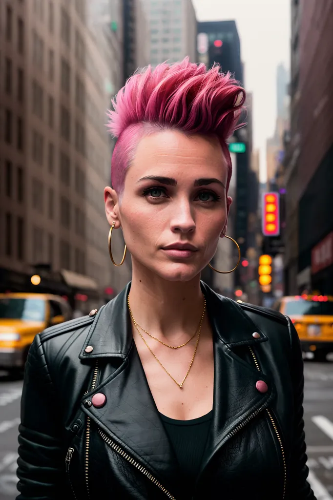 この画像には、ピンクのmohawkを持つ若い女性が写っています。彼女は黒いレザージャケットとグレーのシャツを着ています。ネックレスにペンダントとフープピアスをつけています。彼女は車や建物のある都市の背景に立っています。