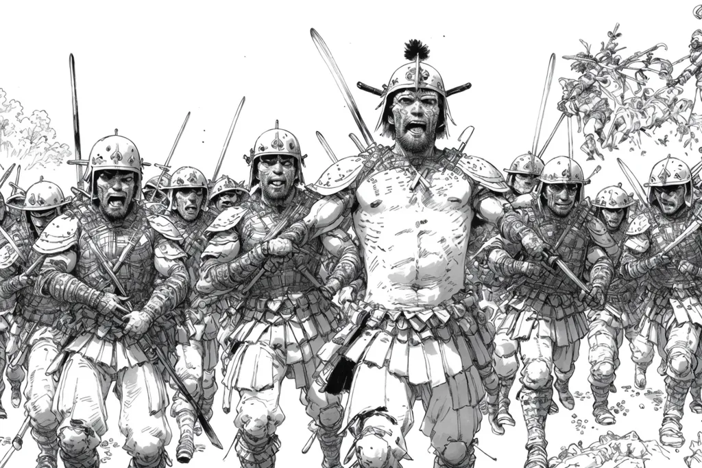 The image is a black and white drawing of a group of soldiers marching. The soldiers are wearing armor and carrying swords and shields. They are marching in a disciplined formation. The image is drawn in a realistic style and the details of the soldiers' armor and weapons are clearly visible.