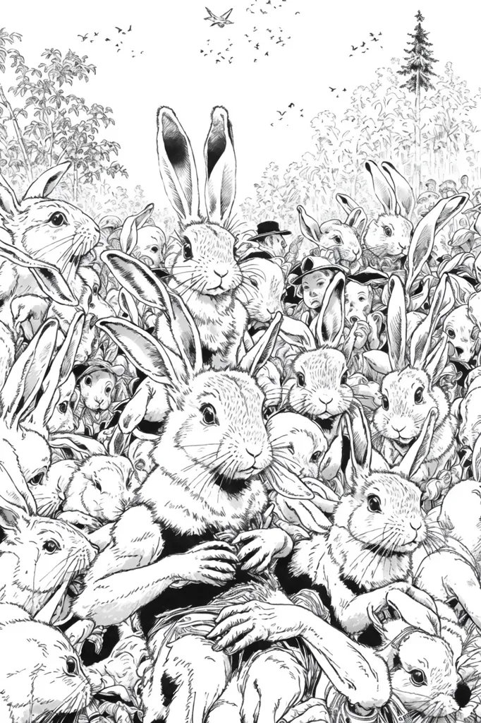 The image is a black-and-white illustration of a group of rabbits in a forest setting. The rabbits are of various sizes and are depicted in a variety of poses. Some of the rabbits are standing on their hind legs, while others are sitting on the ground. Some of the rabbits are looking at the viewer, while others are looking away. The image is full of detail and captures the expressiveness of the rabbits.