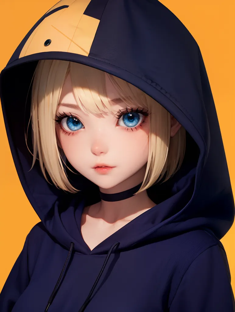 The image is a digital painting of a young woman with blonde hair and blue eyes. She is wearing a blue hoodie with a yellow and black design on the front. The hood is pulled up over her head and her eyes are looking down at the viewer. The background is a solid yellow color. The image is drawn in a realistic style and the colors are vibrant and bright. The woman's expression is serious and thoughtful. She seems to be lost in thought, contemplating something important. The image is a portrait and it captures the woman's beauty and personality.