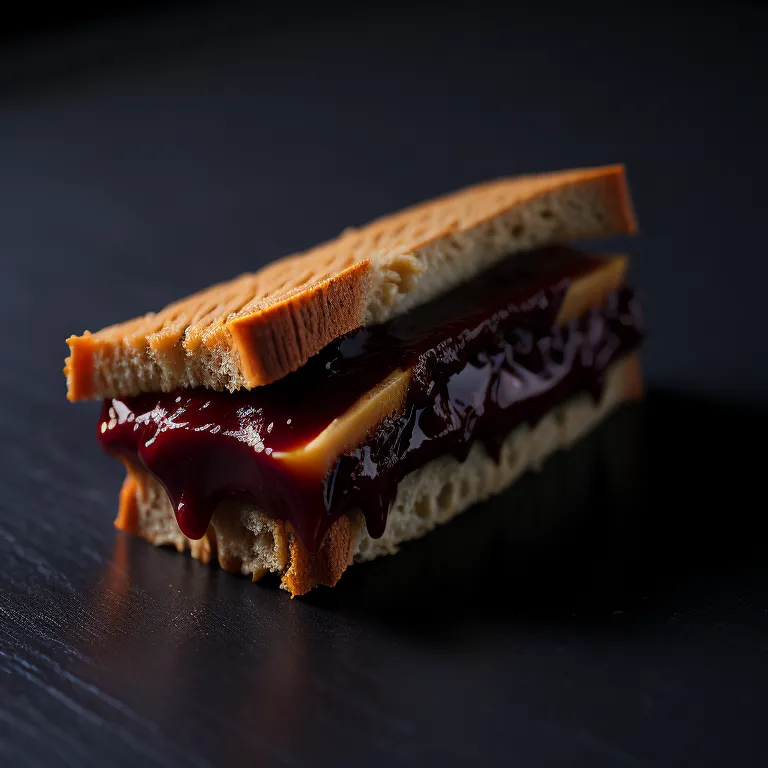 Voici un sandwich avec deux tranches de pain, du fromage et de la confiture. Le pain est blanc et la confiture est rouge. Le sandwich est coupé en deux et vous pouvez voir l'intérieur. Le fromage est jaune et la confiture est rouge. Le sandwich est sur une assiette noire.