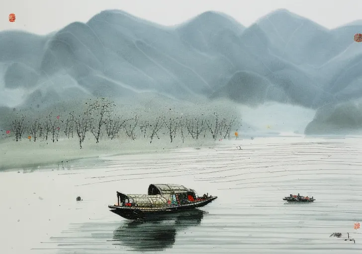 The image is a Chinese painting of a boat on a river. The boat is in the foreground, and there are mountains in the background. The painting is done in a realistic style, and the artist has used a variety of brushstrokes to create the different textures of the water, the boat, and the mountains. The painting is also very atmospheric, and the artist has captured the feeling of the misty mountains and the peaceful river.