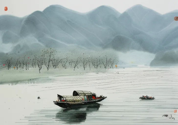 A imagem é uma pintura chinesa de um barco em um rio. O barco está em primeiro plano e há montanhas ao fundo. A pintura é feita em um estilo realista, e o artista usou uma variedade de pinceladas para criar as diferentes texturas da água, do barco e das montanhas. A pintura também é muito atmosférica, e o artista capturou a sensação das montanhas enevoadas e do rio tranquilo.