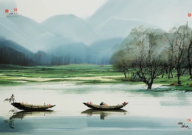 The image is a Chinese painting. It depicts a river with two boats on it. The boats are in the foreground of the painting, and the river stretches out behind them. The river is surrounded by mountains, which are in the background of the painting. The mountains are covered in trees. The painting is done in a realistic style, and the artist has used a variety of colors to create a sense of depth and atmosphere. The painting is also very detailed, and the artist has taken care to depict the boats and the river in great detail. The painting is a beautiful and serene landscape that captures the beauty of the Chinese countryside.