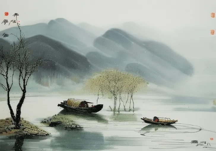 The image is a Chinese painting. It depicts a misty landscape with mountains, trees, and boats. The mountains are in the background and are covered in mist. The trees are in the middle ground and are reflected in the water. The boats are in the foreground and are occupied by figures. The painting is done in a realistic style and the colors are muted.