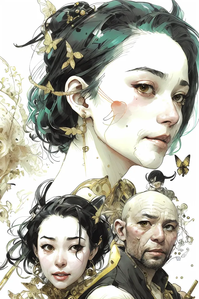 The image is a portrait of a woman with green hair and gold eyes. She is wearing a white dress with a gold necklace and has a butterfly perched on her shoulder. There are two other people in the image. One is a younger woman with black hair and brown eyes. She is wearing a white dress with a gold necklace. The other is an older man with a bald head and a beard. He is wearing a black suit with a gold chain. The background is white with gold accents.
