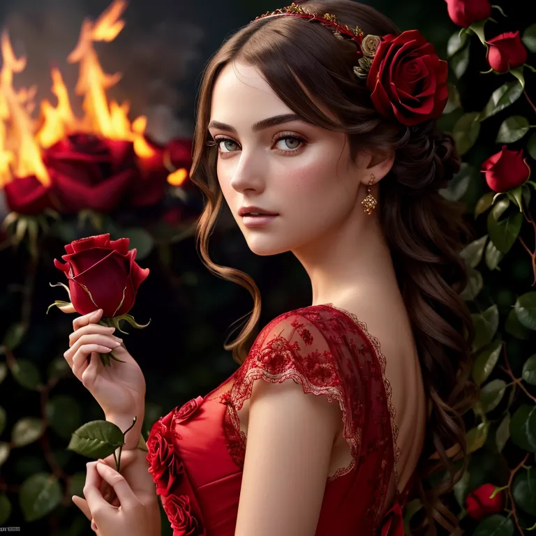 The image shows a beautiful young woman with long brown hair and green eyes. She is wearing a red dress with a sweetheart neckline and a gold necklace with a red jewel in the center. Her hair is pulled back in a loose bun and she is wearing a wreath of red roses. She is standing in front of a dark background with a single red rose in her hand. There is a fire burning in the background.