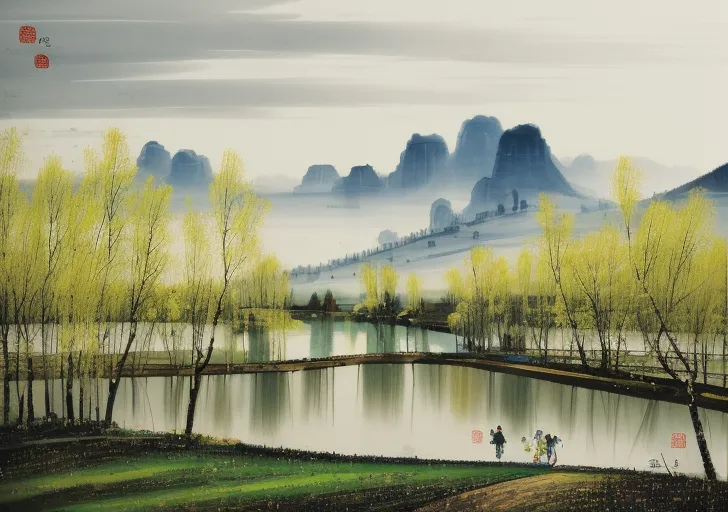 L'image est une peinture de paysage chinoise. Elle représente un lac dans une vallée entourée de montagnes. Le lac est calme et immobile, reflétant le ciel et les montagnes. Les montagnes sont recouvertes de brume. Il y a deux grands arbres au premier plan. La peinture est réalisée dans un style réaliste, avec un grand détail et de l'ombrage. Les couleurs sont atténuées et naturelles. L'effet global est un sentiment de paix et de tranquillité.