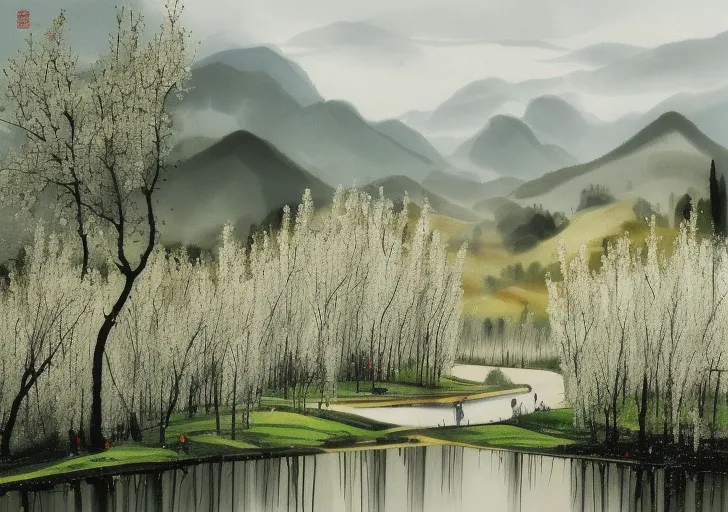 The image is a Chinese landscape painting. It depicts a scene of a river flowing through a valley in the mountains. The mountains are covered with trees, and there are a couple of houses on the banks of the river. The painting is done in a realistic style, and the artist has used a variety of techniques to create a sense of depth and atmosphere. The overall effect is one of peace and tranquility.