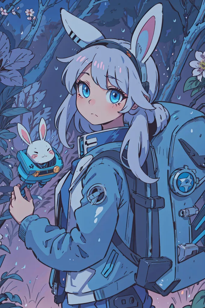 The image is of an anime-style girl with long white hair and blue eyes. She is wearing a blue jacket and a backpack. She is standing in a forest, and there is a small white rabbit on her shoulder. The girl is looking at the viewer with a slightly sad expression. The image is drawn in a semi-realistic style, and the colors are soft and muted.