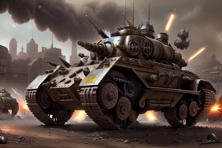 The image shows a steampunk tank battle in a city. There are several tanks in the background and one in the foreground. The tank in the foreground is brown and yellow and has a large cannon on its turret. It also has a smaller cannon on the side of the hull and a machine gun on the top of the turret. The tank is surrounded by smoke and debris from the battle.