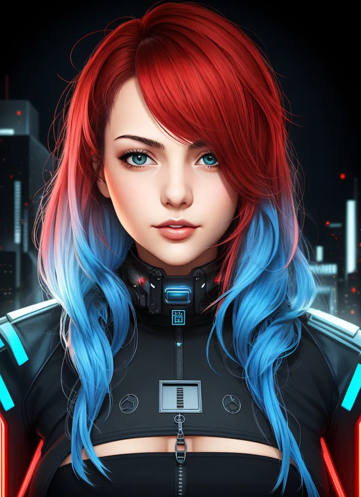 This is an image of a young woman with red and blue hair. She is wearing a black outfit with blue and white details. The outfit has a high collar and is open at the chest. She is also wearing a necklace with a small screen in the center. The background is dark with a cityscape in the distance.