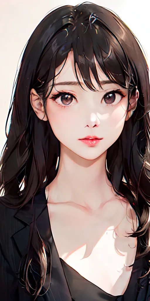The image is a digital painting of a young woman with long, black hair. She is wearing a black suit jacket and a white blouse. The woman has a soft smile on her face and is looking at the viewer with her big, brown eyes. Her hair is parted in the middle and her bangs are swept to the side. She is wearing light makeup and has a natural blush on her cheeks. The background is a soft, light blue color.