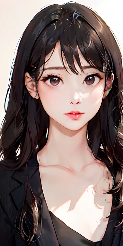 La imagen es una pintura digital de una mujer joven con cabello negro y largo. Lleva una chaqueta de traje negra y una blusa blanca. La mujer tiene una sonrisa suave en su rostro y mira al espectador con sus grandes ojos marrones. Su cabello está peinado con una raya en el medio y sus flequillos están barridos hacia un lado. Lleva un maquillaje ligero y tiene un rubor natural en las mejillas. El fondo es de un color azul claro y suave.